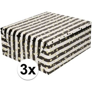 3x Gemetaliseerd inpakpapier/cadeaupapier wit/ zwarte streepjes en gouden ballen 150 cm per rol - Cadeaupapier