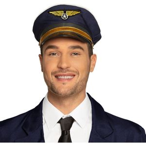 Carnaval verkleed Piloten hoedje - blauw/goud - voor volwassenen - Luchtvaart thema - Verkleedhoofddeksels