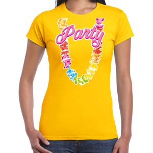 Tropical party T-shirt voor dames - bloemenkrans - geel - carnaval/themafeest - Feestshirts