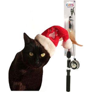 Kerstmuts rood - met speelgoed hengel - voor katten/poezen - kerstcadeau - Kerstsokken