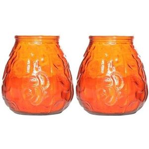 2x Horeca kaarsen oranje in kaarshouder van glas 10 cm brandtijd 40 uur - Waxinelichtjes