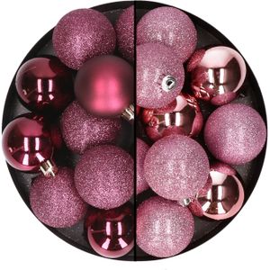24x stuks kunststof kerstballen mix van aubergine en roze 6 cm - Kerstbal