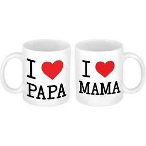Love papa en mama met hartje mok - Cadeau beker set voor Papa en Mama - Moederdag en Vaderdag cadeautje