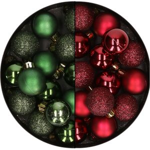 28x stuks kleine kunststof kerstballen bordeaux rood en dennengroen 3 cm - Kerstbal