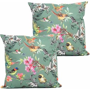 Buitenkussen bloem - 2x - groen - 45 x 45 cm - Water en UV bestendig - Sierkussens