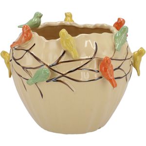 Bloempot/plantenpot Spring birds - zandkleurig - keramiek - D28 x H22 cm - Plantenpotten