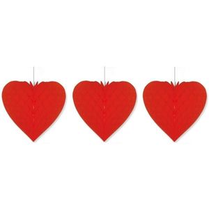 3x Papieren honeycomb hart rood 28 x 32 cm - Hangdecoratie
