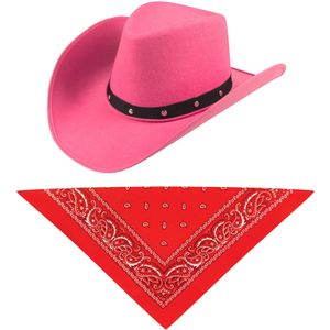Carnaval verkleedset cowboyhoed Billy Boy - roze - met rode hals zakdoek - voor volwassenen - Verkleedhoofddeksels