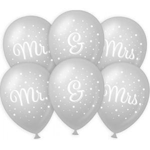 6x stuks Mr. &amp; Mrs huwelijks feest ballonnen - zilver/wit - latex - ca 30 cm - Ballonnen