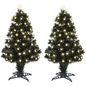 Set van 2x stuks fiber optic kerstbomen/kunst kerstbomen met sterren lampjes/lichtjes 90 cm - Kunstkerstboom