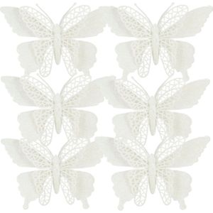 Kerstboomversiering vlinders op clip - 6x st - wit - 16 cm - kunststof - Kersthangers