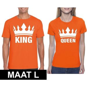 Koningsdag koppel King &amp; Queen t-shirt oranje maat L - Feestshirts