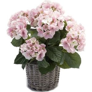 Nep Hortensia plant roze in rieten mand kunstplant - Kunstplanten