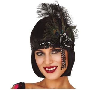 Charleston luxe hoofdband - met pauwen veren en kraaltjes - zwart - dames - jaren 20 thema - Verkleedhaardecoratie