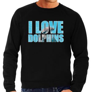 Tekst sweater I love dolphins met dieren foto van een dolfijn zwart voor heren - Sweaters