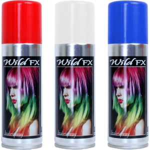 Set 3x kleuren haarverf/haarspray 125 ml - Rood-wit-blauw - Vlag kleuren van Amerika - Verkleedhaarkleuring