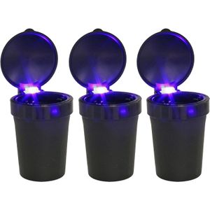 Auto asbak met LED lamp verlichting en klepje - 3x - zwart - 11 x 8 cm - Asbakken