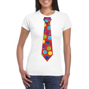Kerst t-shirt stropdas met kerstballen print wit voor dames - kerst t-shirts