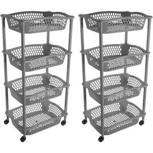 2x stuks keuken opberg trolleys/roltafels met 4 manden 86 x 41 cm donkergrijs- Etagewagentje met opbergkratten