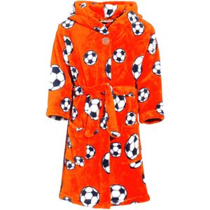 Badjas/ochtendjas oranje fleece voetbal print voor kinderen. - Badjassen
