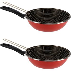 Set van 2x stuks rvs/emaille frituurpan/friteuse voor alle hittebronnen - rood 27 cm -  Frituren op gasstel of kookplaat