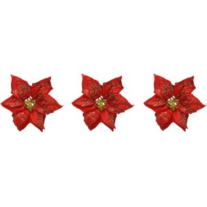10x stuks decoratie bloemen kerstster rood glitter op clip 20 cm - Kersthangers