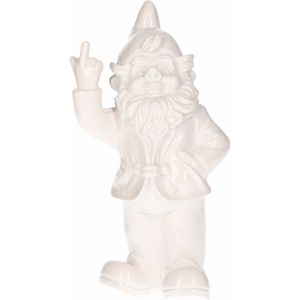 Stoobz design Tuinkabouter met middelvinger - Polystone - 30 cm - wit - buiten decoratie