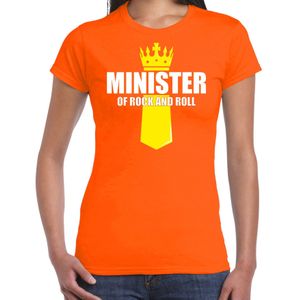 Koningsdag t-shirt Minister of rock N roll met kroontje oranje voor dames - Feestshirts