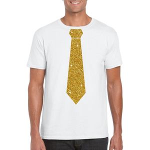Wit fun t-shirt met stropdas in glitter goud heren - Feestshirts