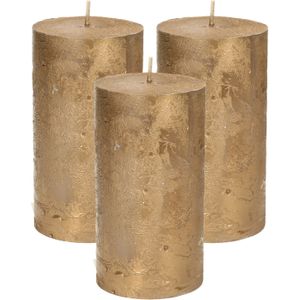 Stompkaars/cilinderkaars - 3x - goud - 7 x 13 cm - rustiek model