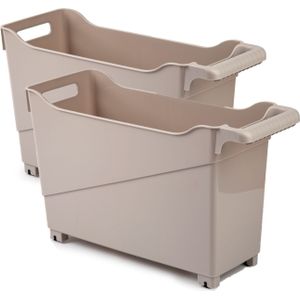 Set van 6x stuks kunststof trolleys licht bruin op wieltjes L45 x B17 x H29 cm - Voorraad/opberg boxen/bakken