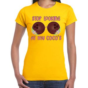 Tropical party T-shirt voor dames - kokosnoten bh - geel - carnaval/themafeest - Feestshirts