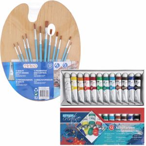 Hobby verfset voor kinderen met acrylverf schilderspalet en 12 kwasten - schildersets