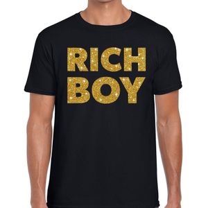 Rich boy goud glitter tekst t-shirt zwart heren - Feestshirts