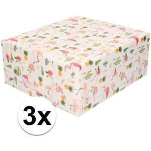 3x Roze flamingo en tropische print inpakpapier/cadeaupapier 200 cm per rol - Cadeaupapier