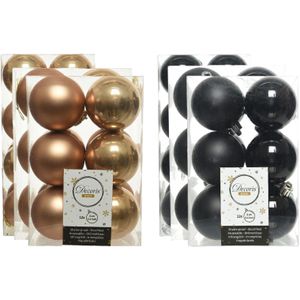 Kerstversiering kunststof kerstballen mix zwart/camel bruin 4-6-8 cm pakket van 68x stuks - Kerstbal