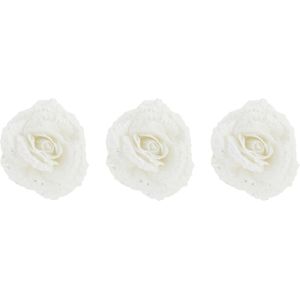 4x stuks decoratie bloemen roos wit glitter op clip 18 cm - Kunstbloemen