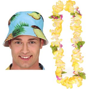 Tropische Hawaii party verkleedset - bucket hoedje - met bloemenslinger lichtblauw - volwassenen - Verkleedhoofddeksels