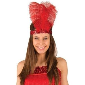 Rode roaring 20 hoofdband met veren voor dames - Verkleedhaardecoratie