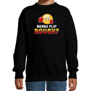 Funny emoticon sweater Wanna play rough zwart kids - Feesttruien