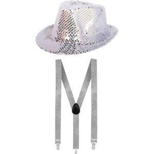 Carnaval verkleed set hoed met bretels zilver glitters - Verkleedhoofddeksels