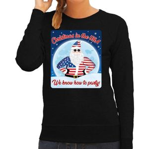 Zwarte foute kersttrui / sweater Christmas in USA we know how to party voor dames - kerst truien