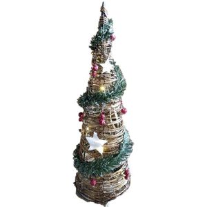 LED kegel/piramide kerstboom lamp - rotan - met decoratie - H60 cm - kerstverlichting figuur
