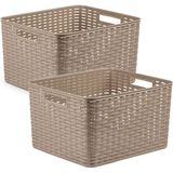 2x stuks rotan gevlochten opbergmand/opbergbox kunststof - taupe - 34 x 40 x 23 cm - Opbergbox