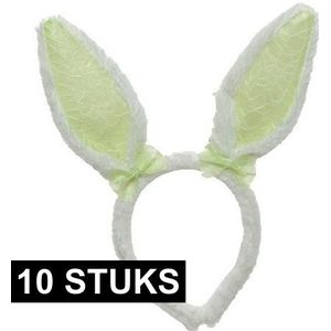 10x Feestartikelen konijn/haas diademen met oren 24 cm wit/groen verkleedaccessoire - Verkleedattributen