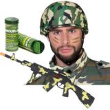 Carnaval verkleed set Army/Leger soldaten helm - camouflage schmink stift - machinegeweer - Verkleedattributen