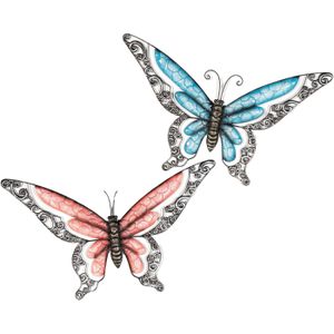 Wanddecoratie vlinders - 2x - blauw/rood - 49 x 28 cm - metaal - muurdecoratie/schutting - Tuinbeelden