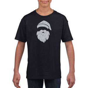 Kerstman hoofd Kerst t-shirt zwart voor kinderen met zilveren glitter bedrukking - kerst t-shirts kind