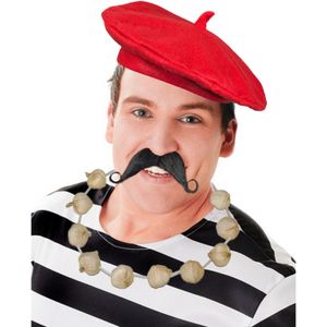 Carnaval verkleed set compleet - Fransman baret met plaksnor - en knoflook ketting - volwassenen - Verkleedattributen