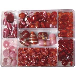 Roze/rode glaskralen in opbergdoos 115 gram hobbymateriaal - Kralenbak